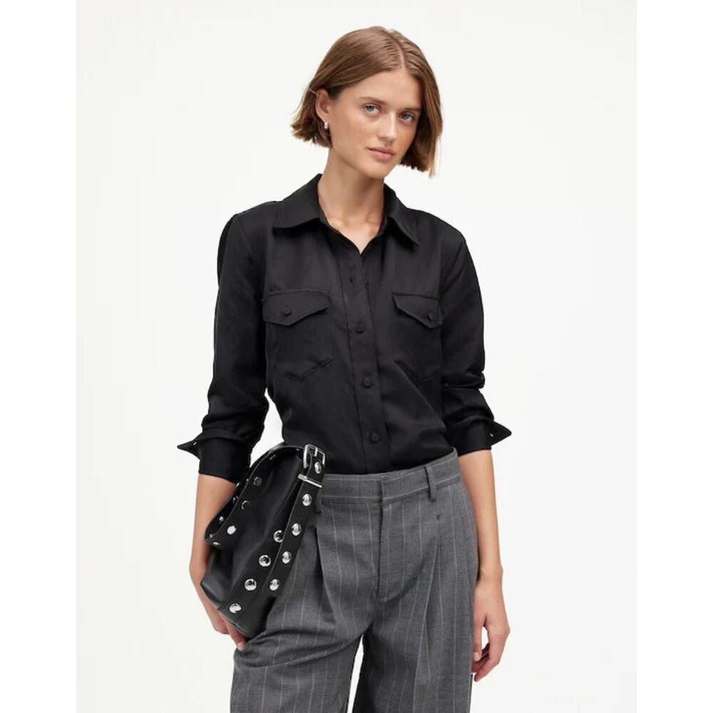 NWT Madewell‎ Western Shirt Linen Blend Button Down Long Sleeve Collared Black 6